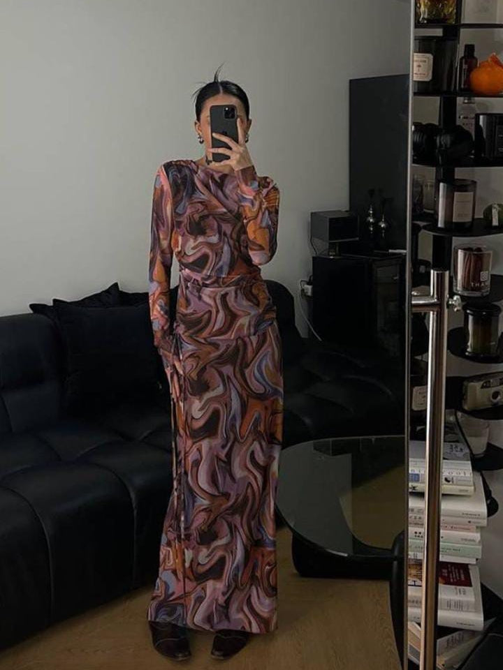 Mesh Abstract Print Full Sleeves Top & Skirt Coord Set