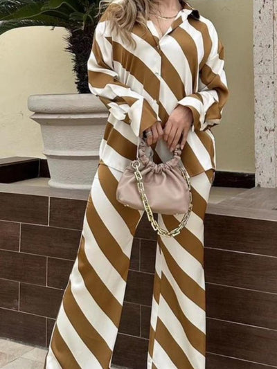 Stripe Print Shirt & Wide Leg Pants Coord Set