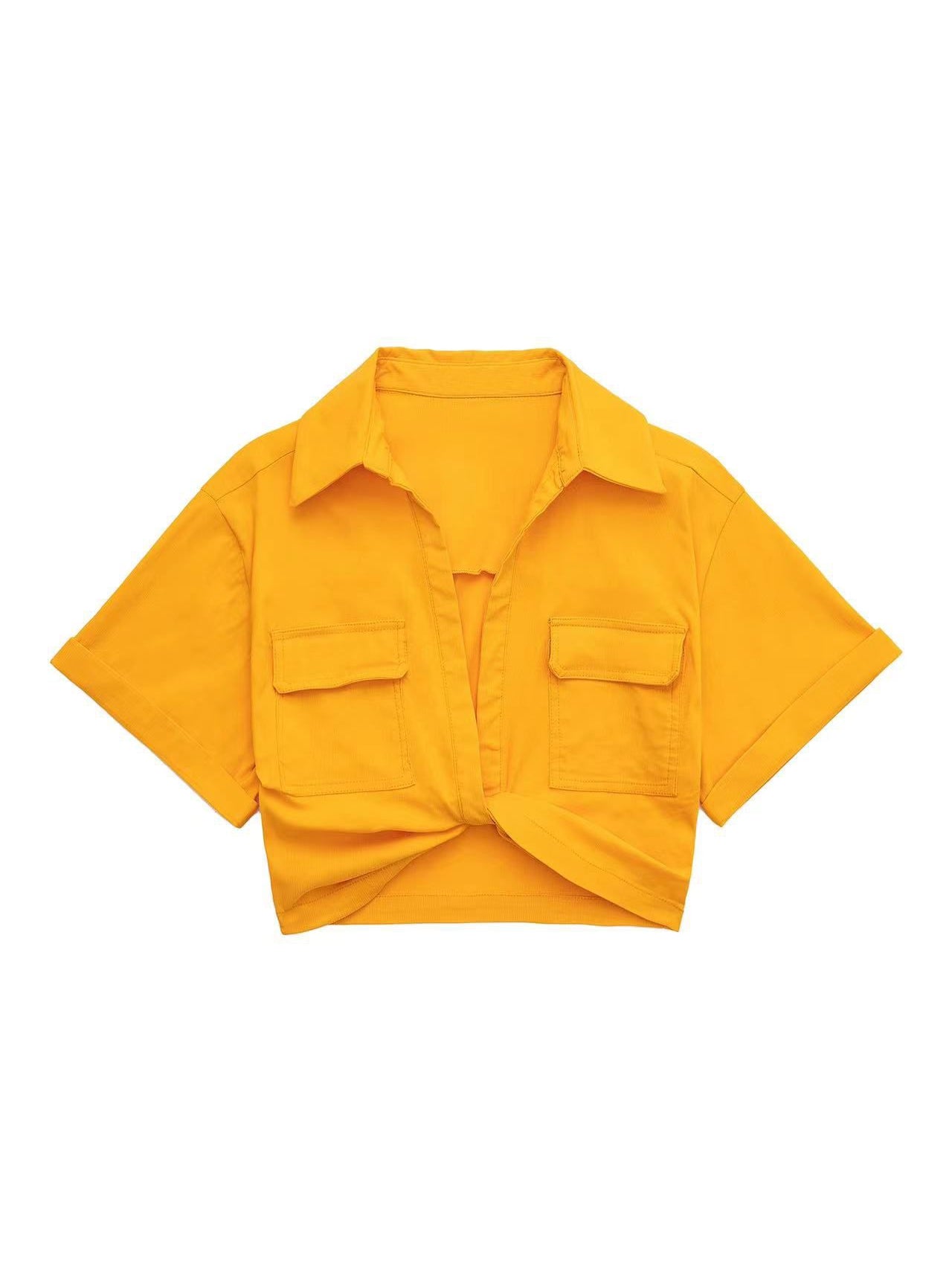 Mustard yellow linen cropped shirt with rolled sleeves, front knot, and two patch pockets.