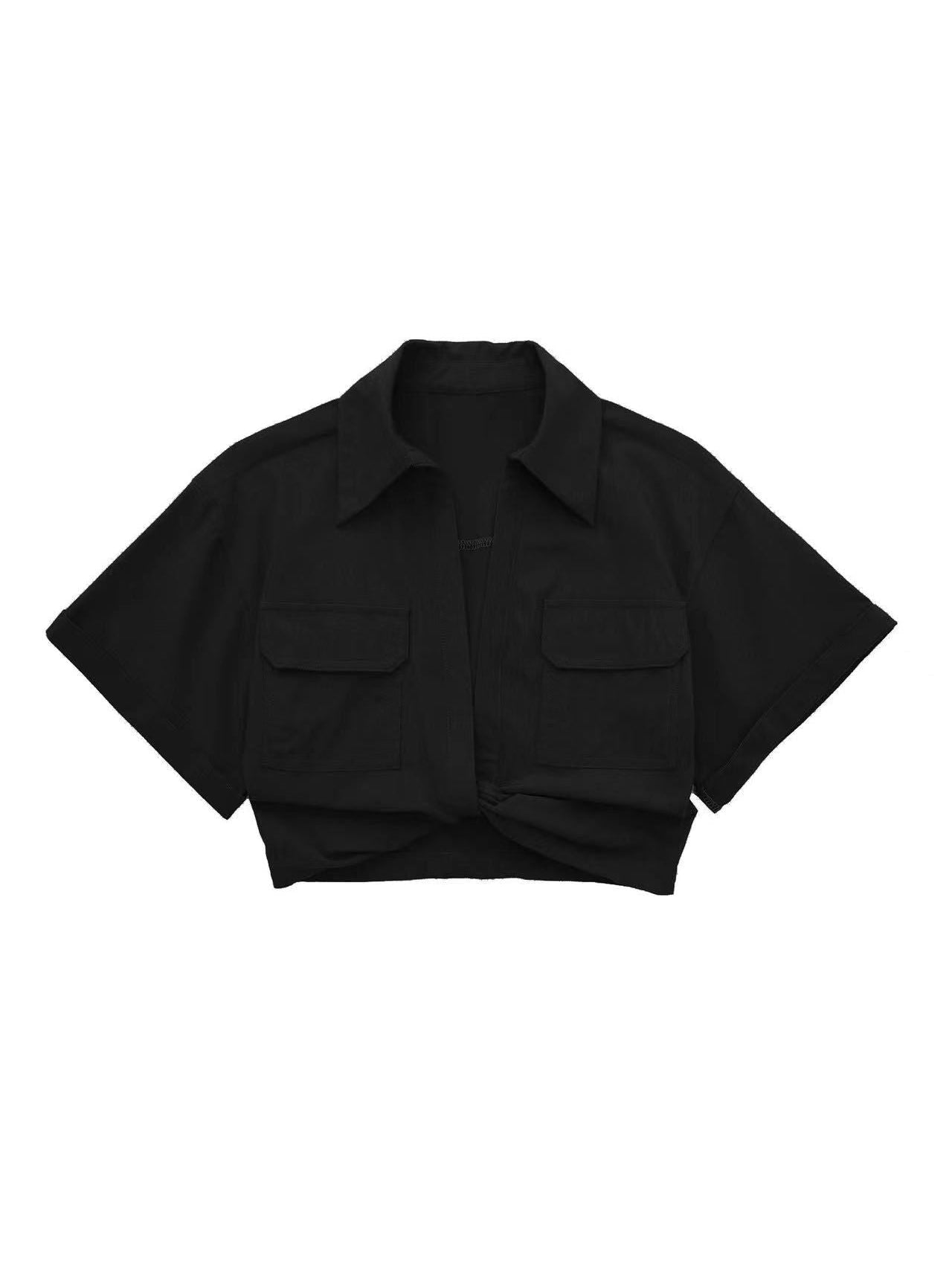 Black linen knotted crop shirt with short sleeves, two front pockets, and a knotted front hem.