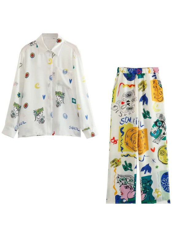 White Abstract Print Satin/ Linen Shirt & Pants Coord Set