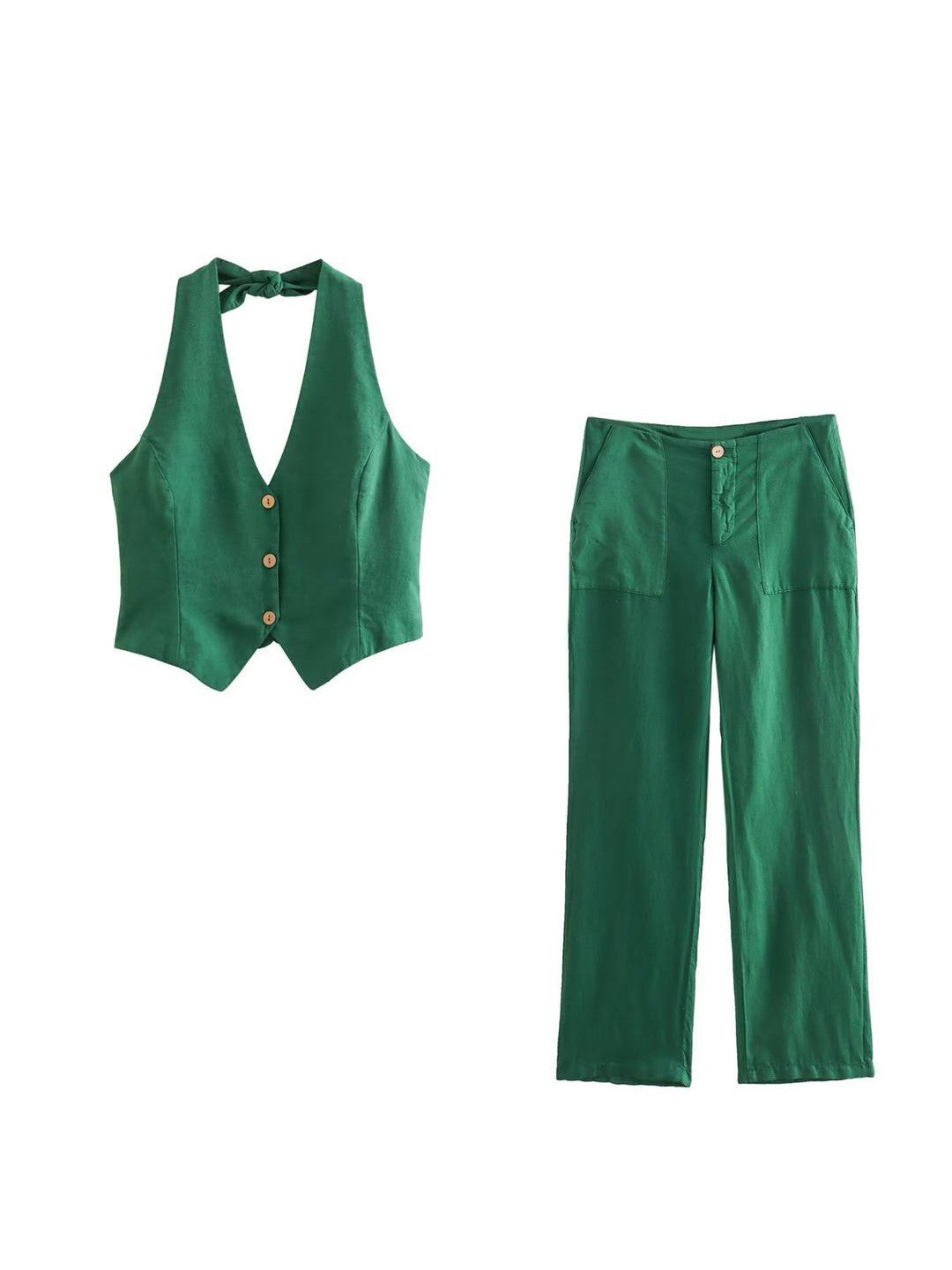 Emerald green halterneck vest with three front buttons and pointed hem, paired with matching high-waisted wide-leg pants.