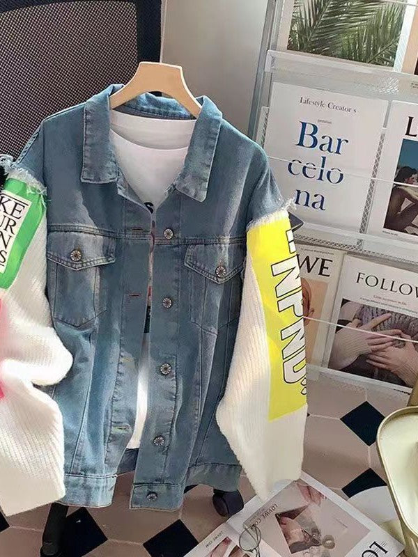 Patch Denim Jacket with Woolen Sleeves