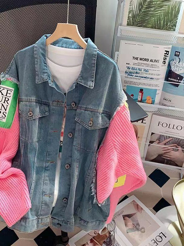 Patch Denim Jacket with Woolen Sleeves