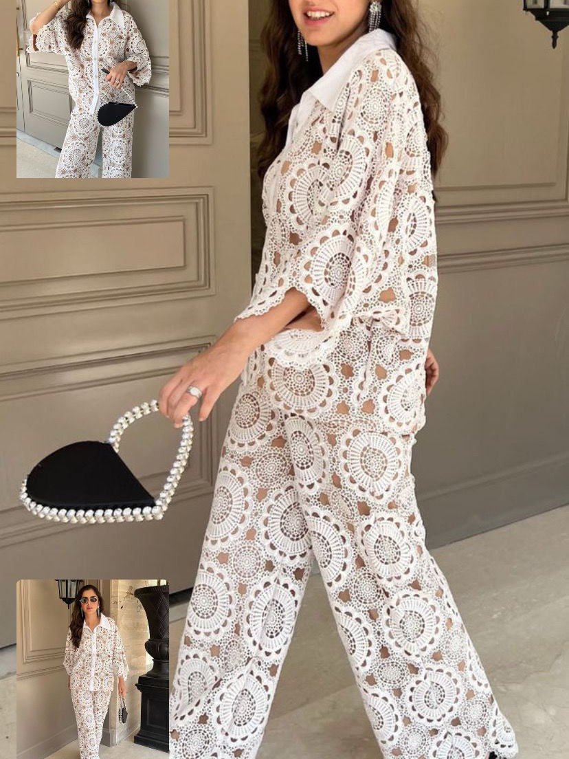 Crochet Shirt & Pants Coord Set