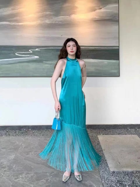 Sea Green Satin Halterneck Dress with Fringe/ Tassel