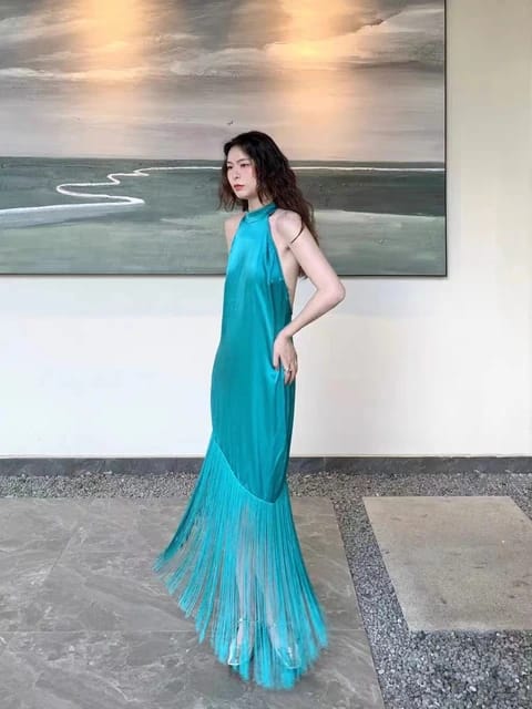 Sea Green Satin Halterneck Dress with Fringe/ Tassel