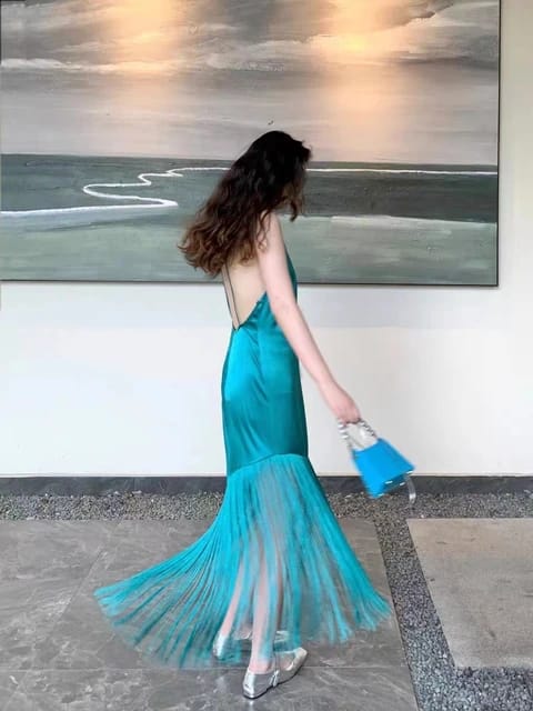 Sea Green Satin Halterneck Dress with Fringe/ Tassel