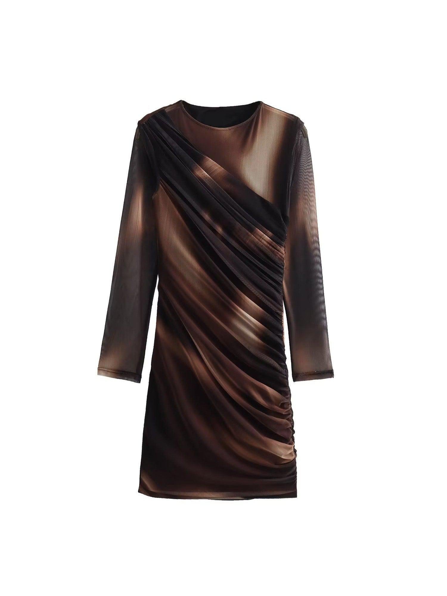 Brown Tie Dye Mesh Full Sleeves Bodycon Dress