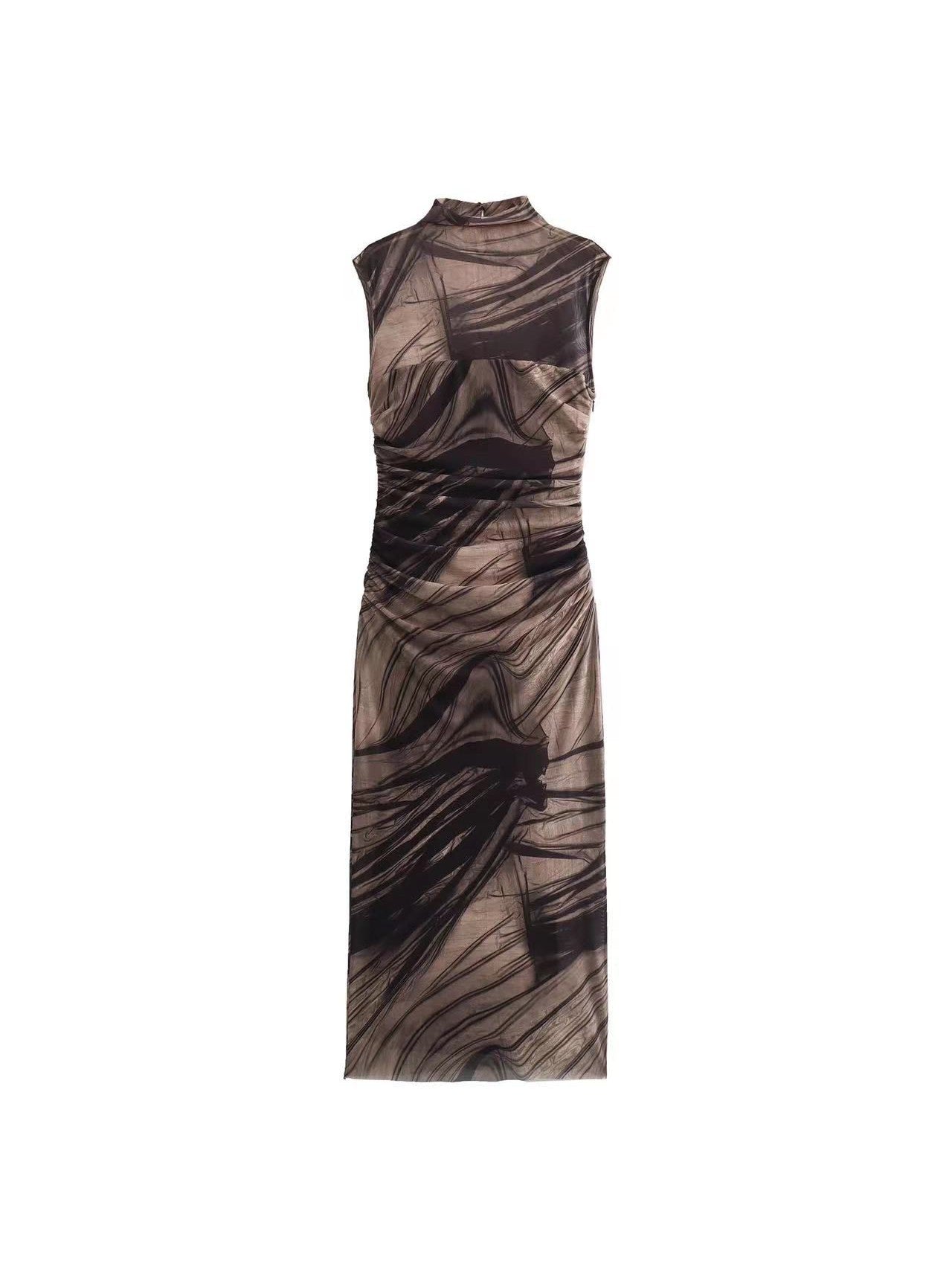 Brown Tie Dye Mesh Sleeveless Bodycon Dress