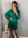 Feather Sleeves Emerald Green Satin Short Dress
