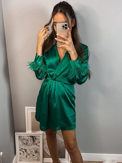 Feather Sleeves Emerald Green Satin Short Dress
