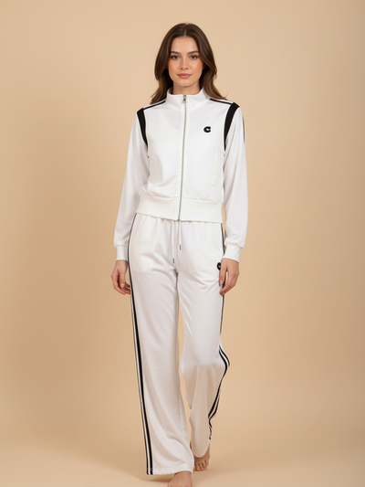 C Print Jacket & Pants Coord Set by EXCLUSIVES in white with black piping, zip jacket, wide-leg pants