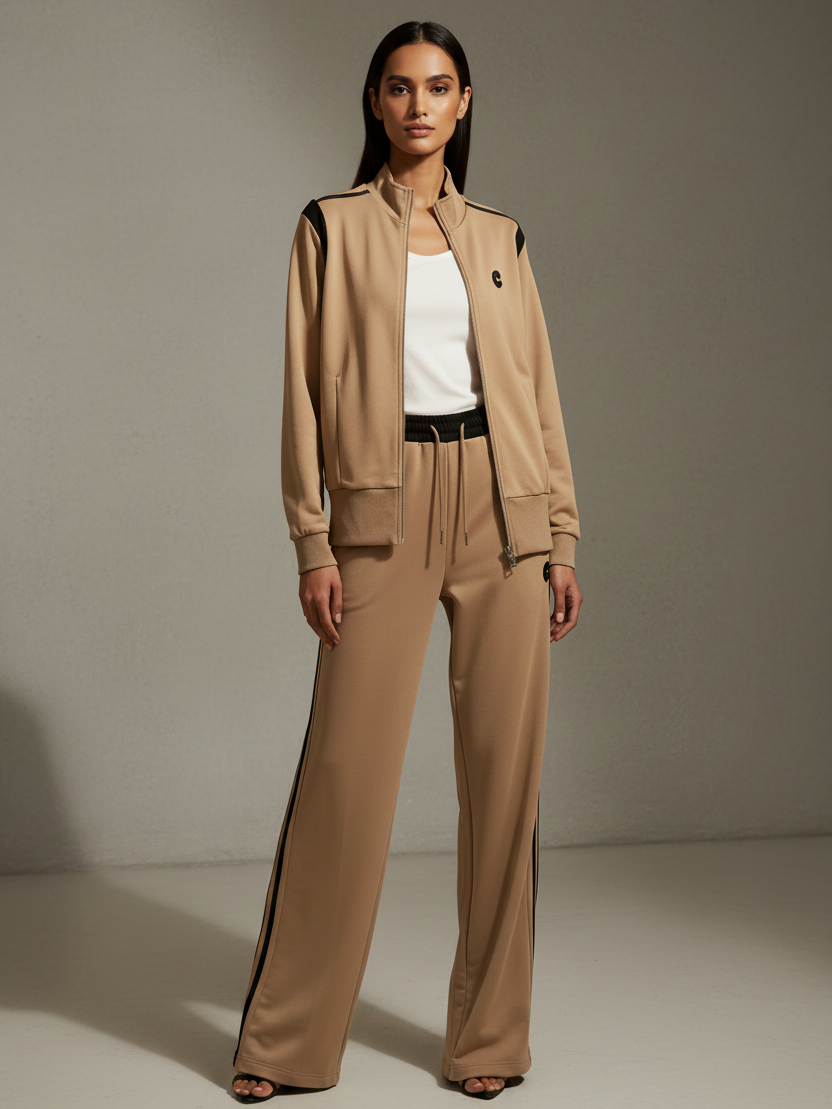 C Print Jacket & Pants Coord Set by EXCLUSIVES; tan tracksuit with black side stripes, model in white top.
