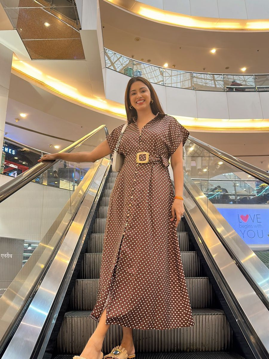 Polka Dot Dress with Belt - Brown