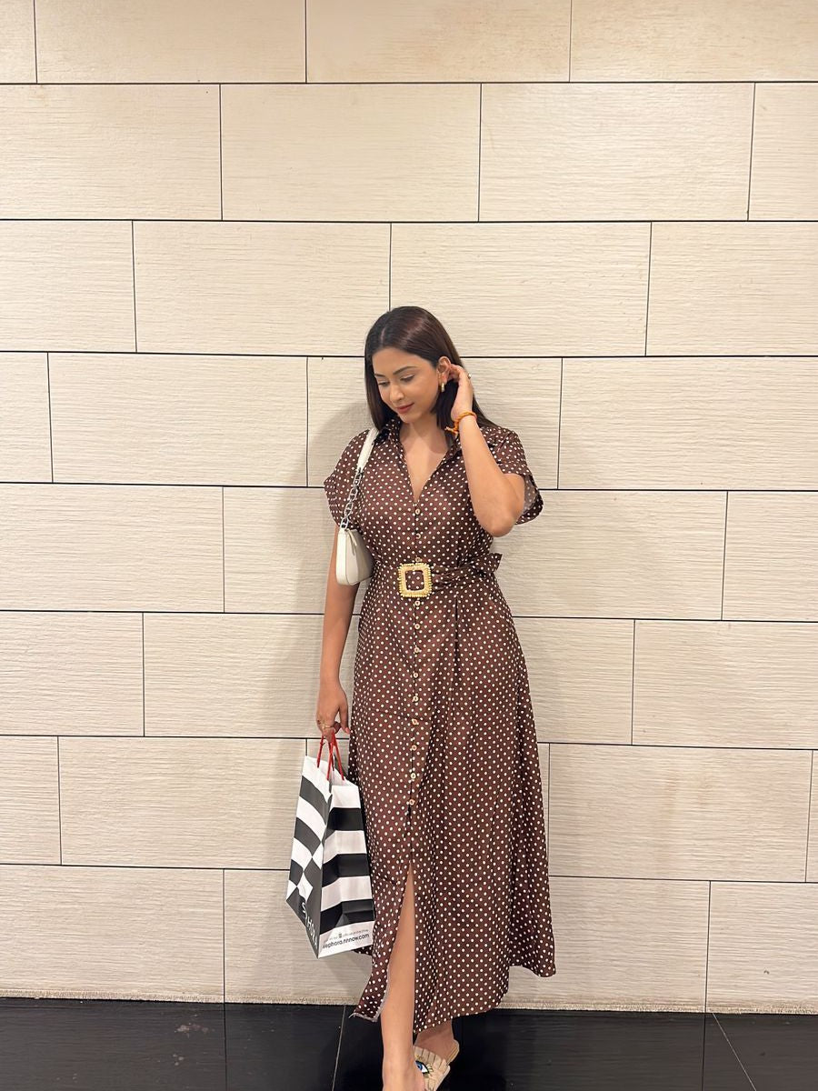 Polka Dot Dress with Belt - Brown