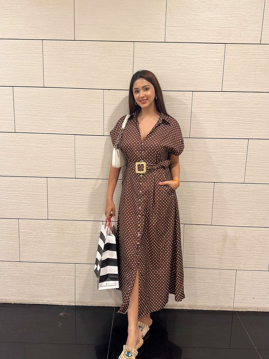Polka Dot Dress with Belt - Brown