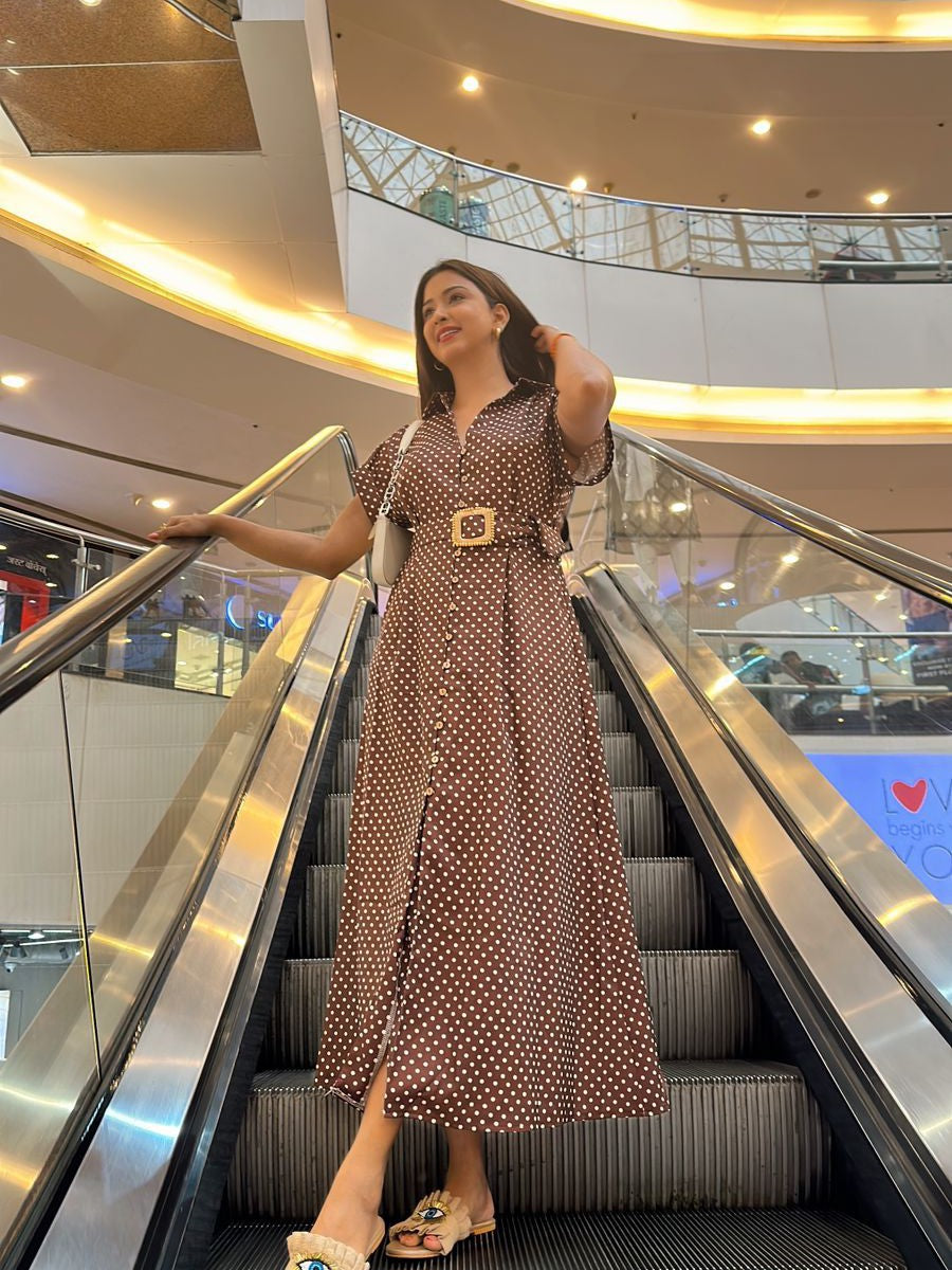 Polka Dot Dress with Belt - Brown