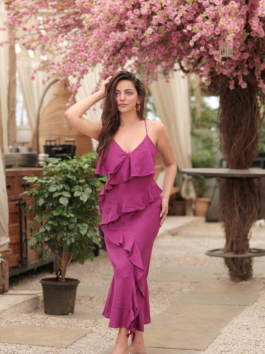 Spaghetti Strap Ruffles Midi Dress