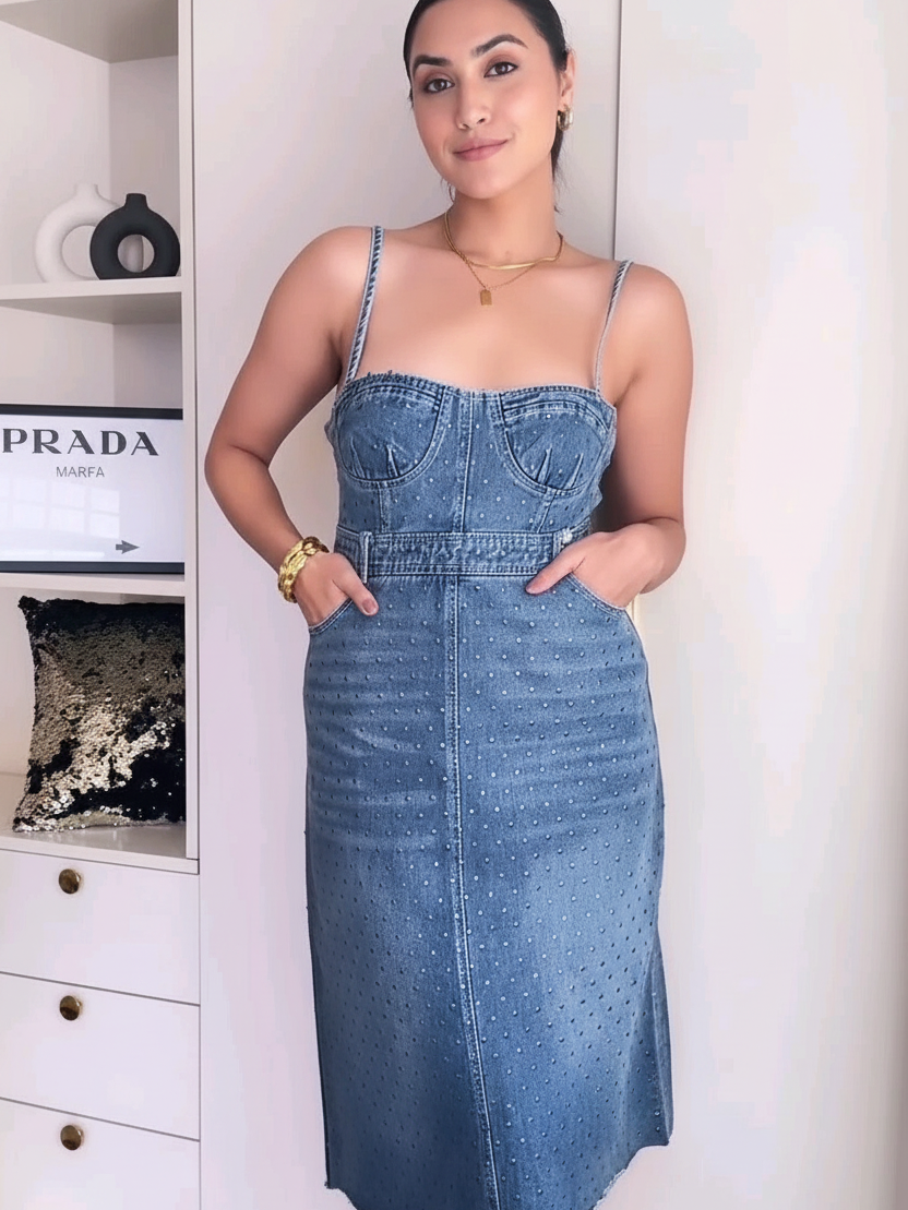 Rivets Studded Denim Corset Dress; blue denim, spaghetti straps.