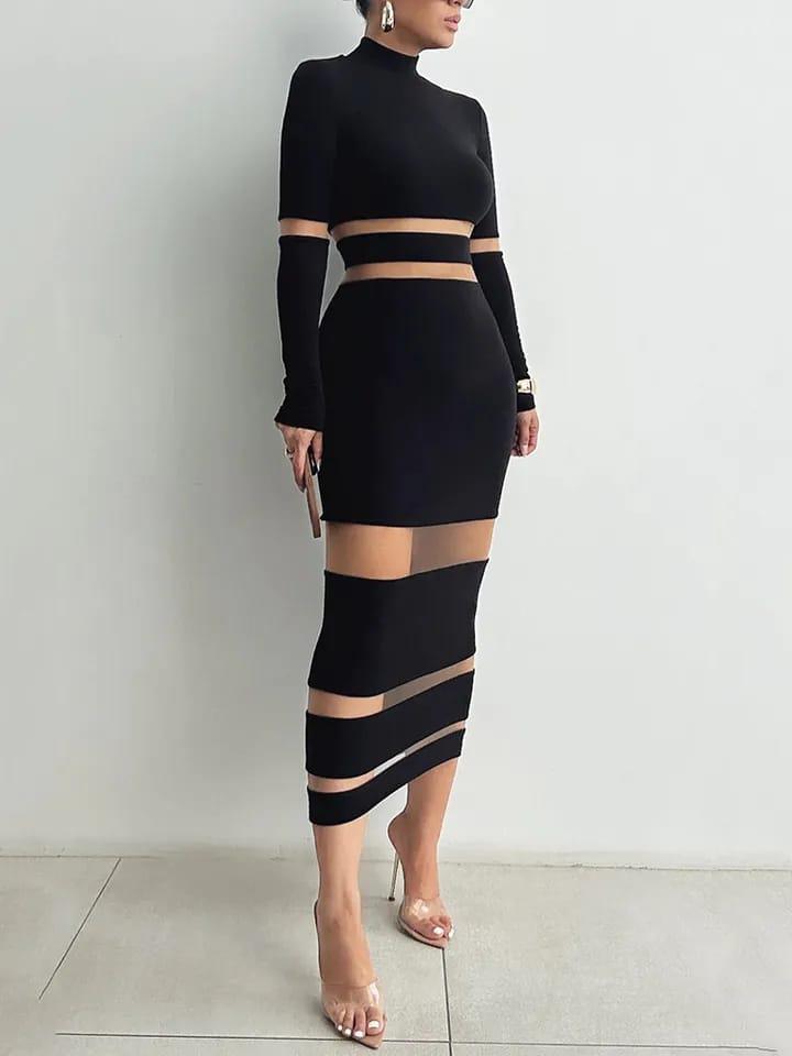 Cutout Mesh Full Sleeves Midi Dres