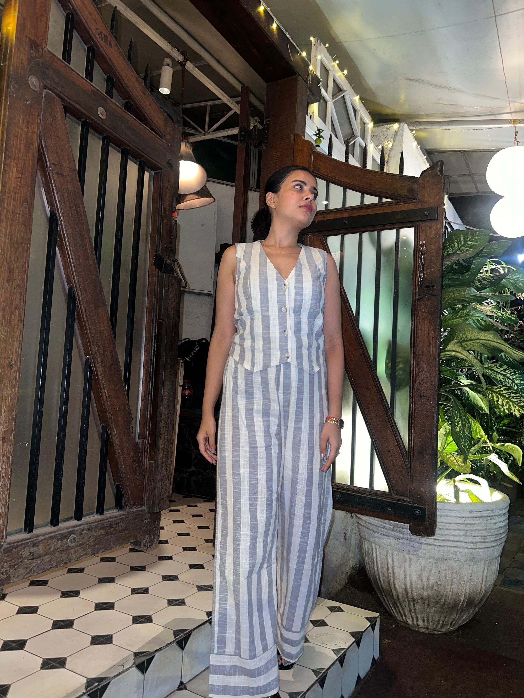 Striped Linen Waist Coat Vest & Pants Coord Set