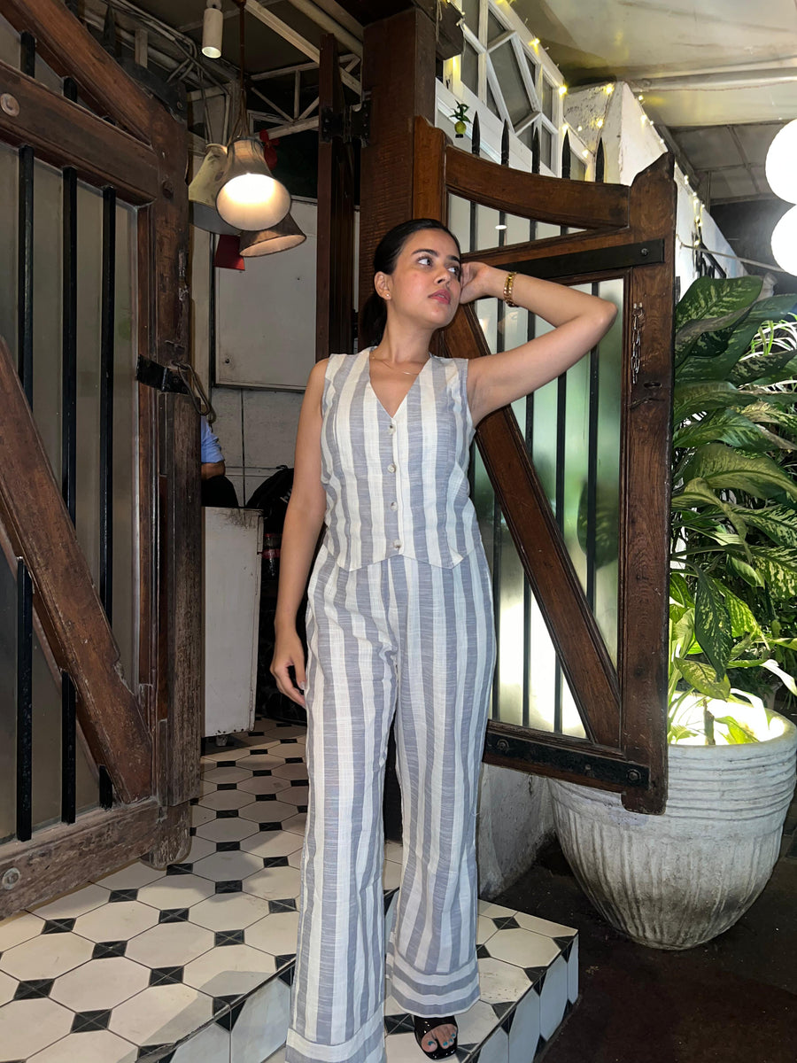 Striped Linen Waist Coat Vest & Pants Coord Set