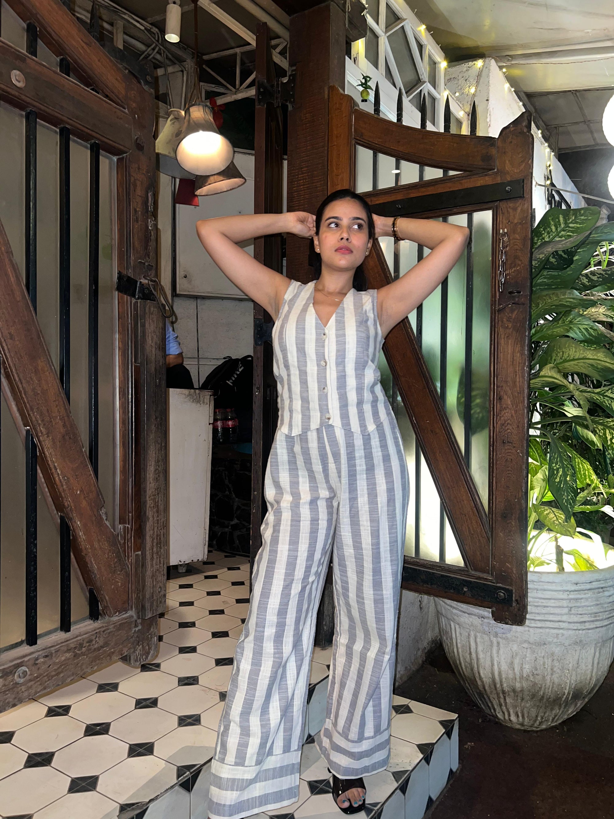 Striped Linen Waist Coat Vest & Pants Coord Set