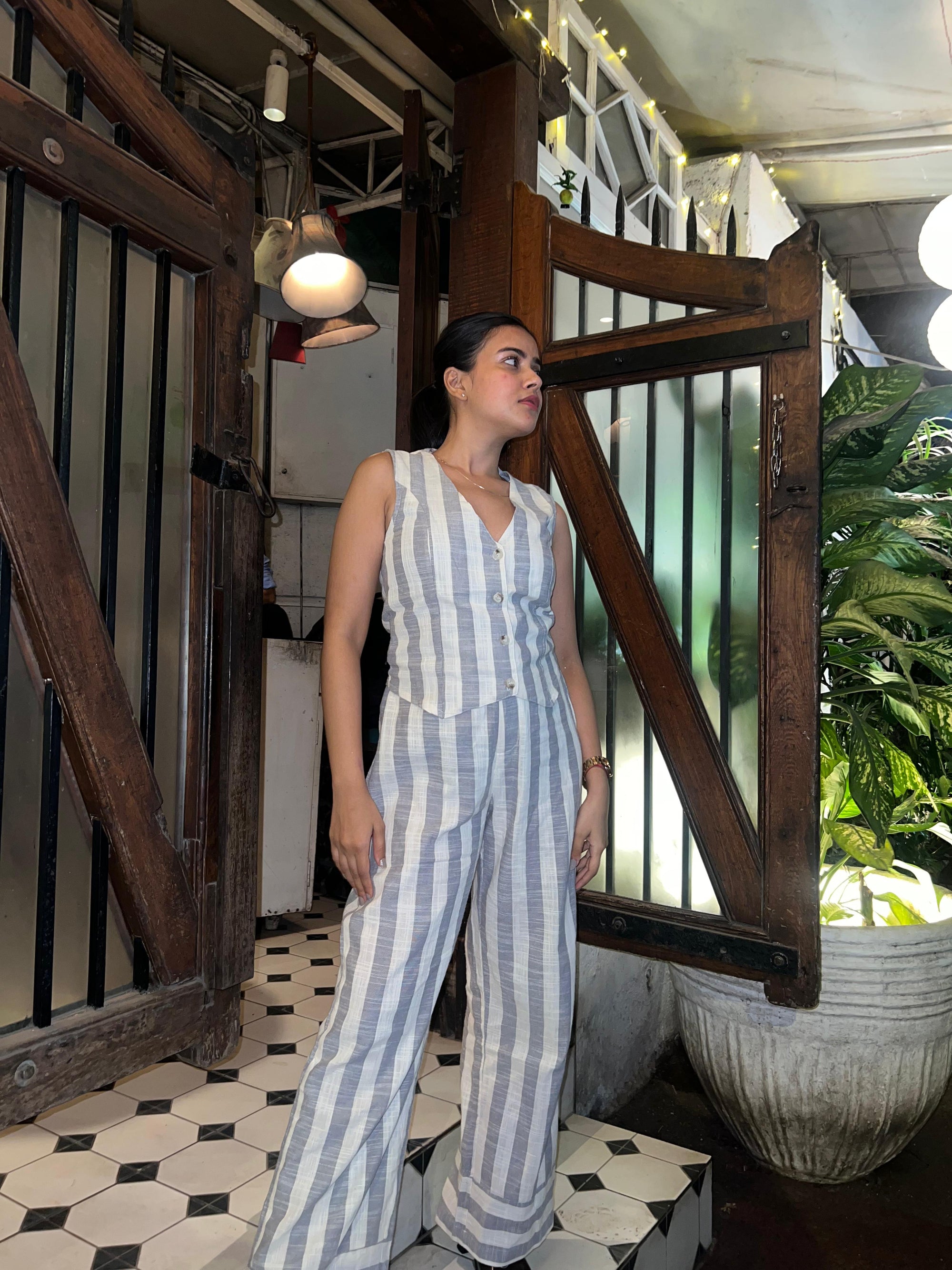 Striped Linen Waist Coat Vest & Pants Coord Set