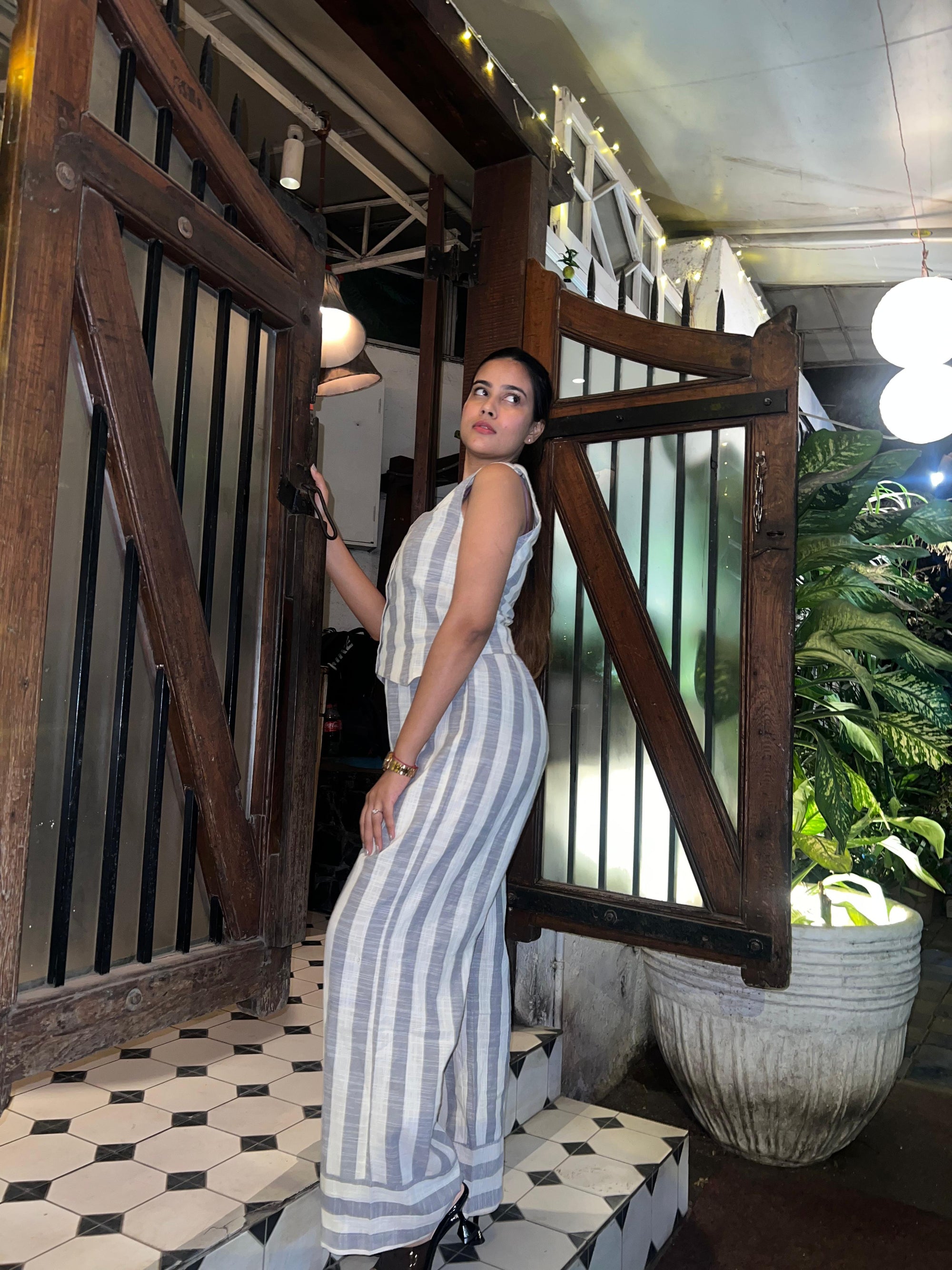 Striped Linen Waist Coat Vest & Pants Coord Set