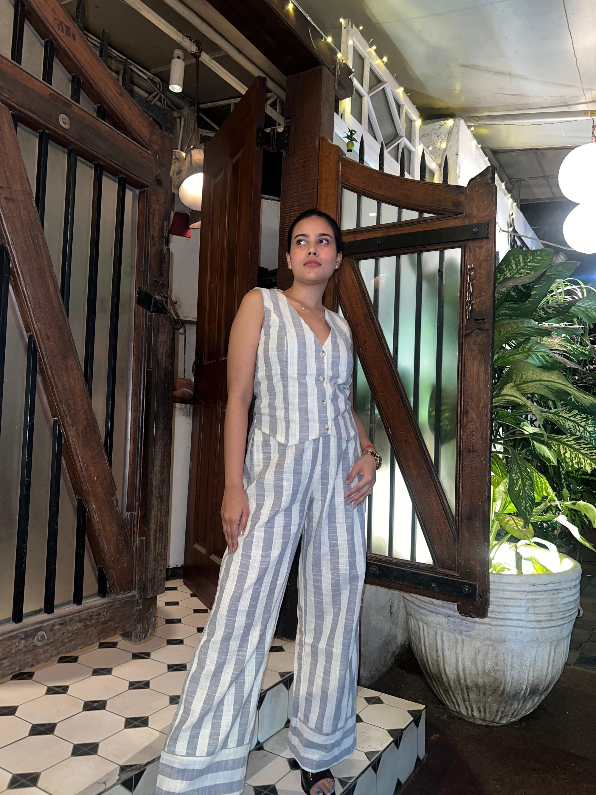 Striped Linen Waist Coat Vest & Pants Coord Set