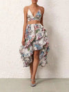Floral Print Crystal Bralette & Ruffles Skirt Coord Set