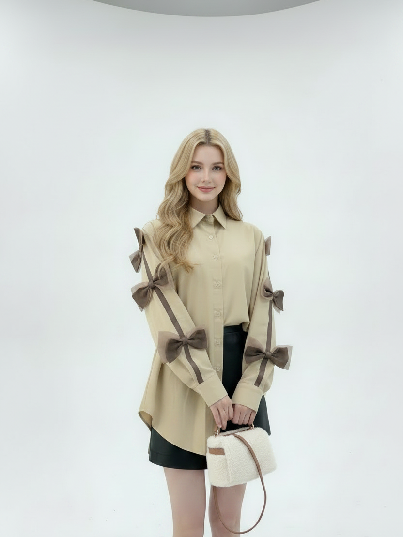 Oversize shirt with bow sleeve applique patch, beige with taupe bows along sleeves