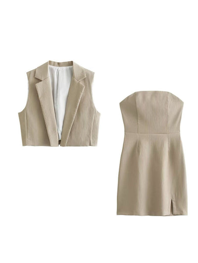 Crop Waist Coat Vest Top & Tube Dress Coord Set Crop Waist Coat Vest Top & Tube Dress Coord Set