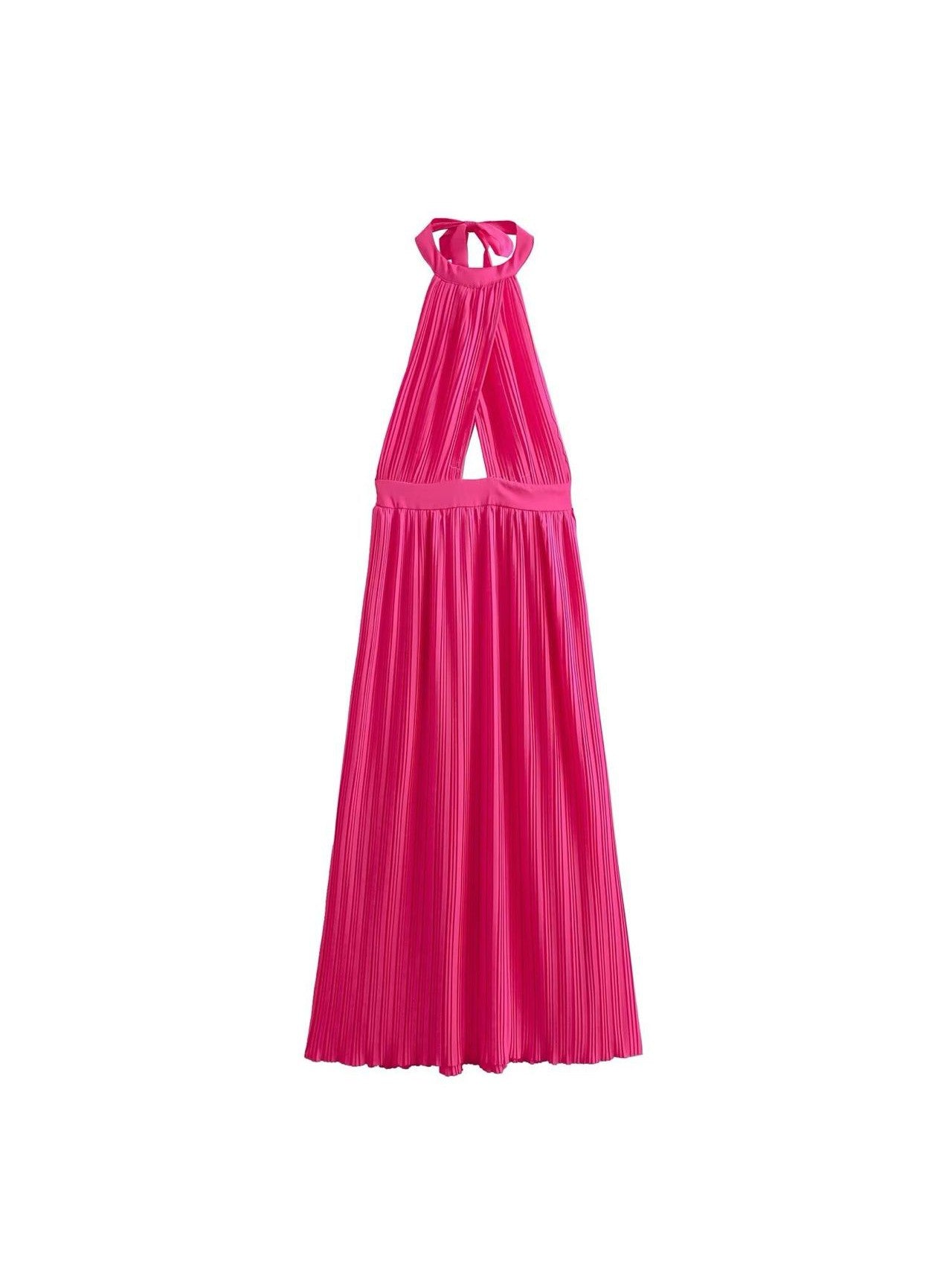 Pink Pleated Halterneck Cutout Slit Dress