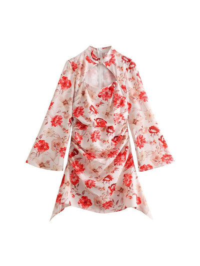 Floral Print Hollow Out Cutout Short Dress