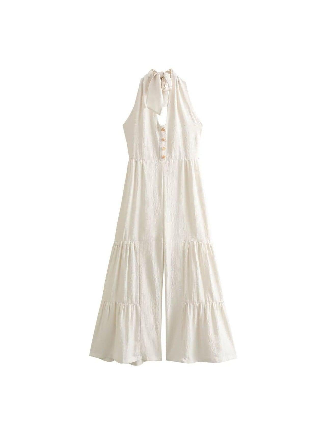 Wide Leg Backless Halterneck Knotted Jumpsuit