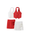 Red & White Halterneck Crop Waist Coat Vest & Skirt Coord Set