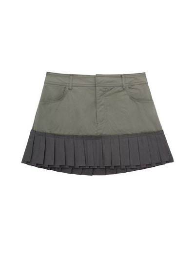 Olive-green two-tone short skirt with belt loops and front pockets; dark gray pleated hem.