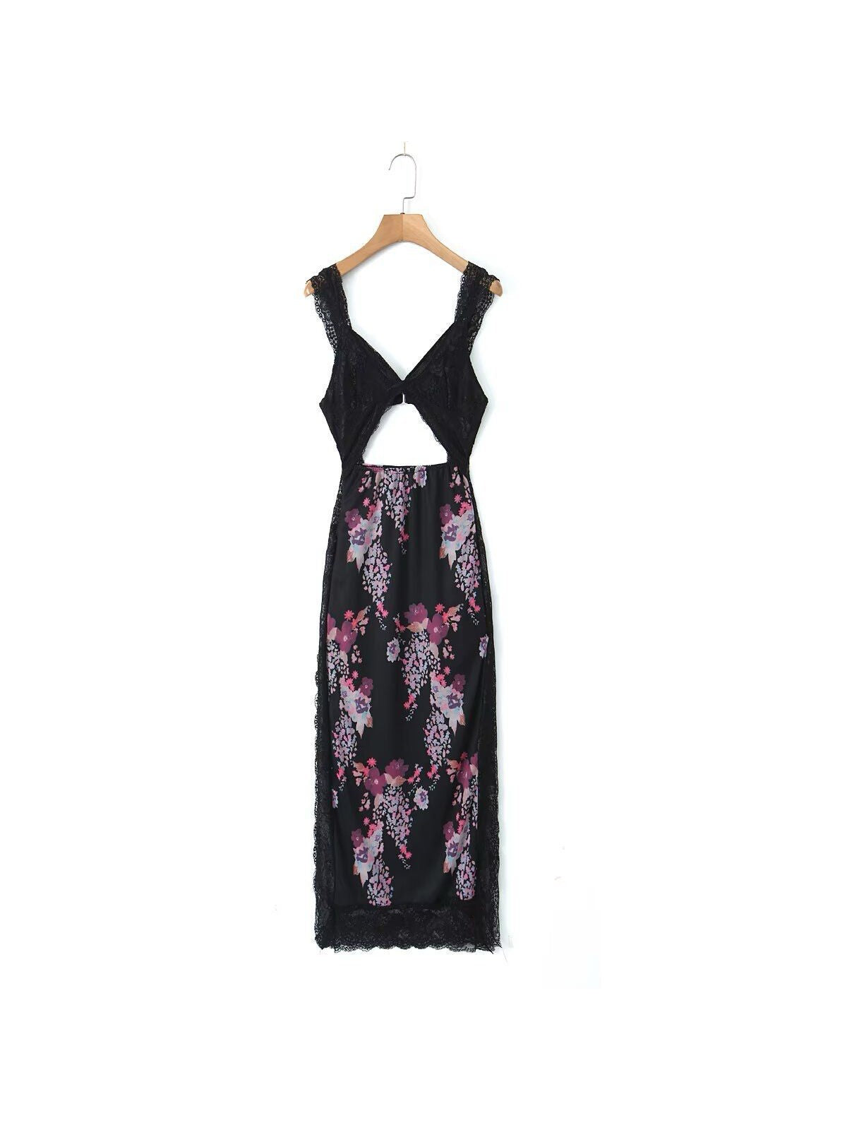 Hollow Out V Neck Lace Floral Print Dress