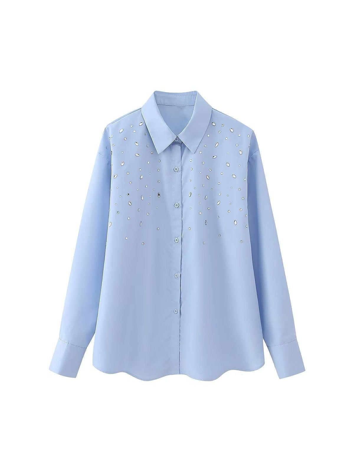 Oversized Fit Blue Shirt with Diamond Rhinestones