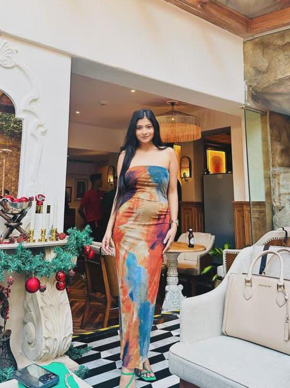 New Strapless Tie & Dye Print Tube Tulle Dress
