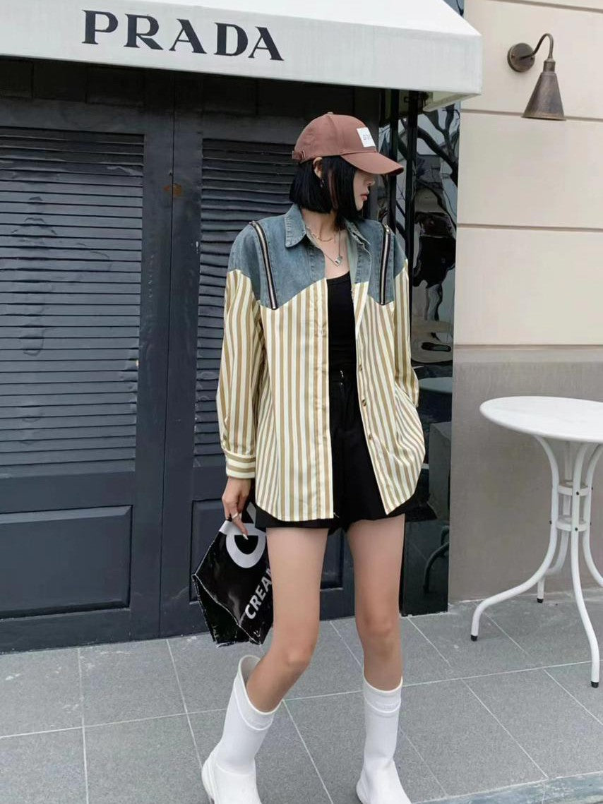 Stripe Cotton Shirt with Denim Patch