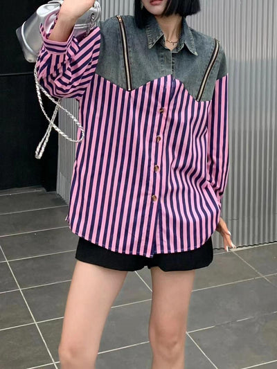 Stripe Cotton Shirt with Denim Patch