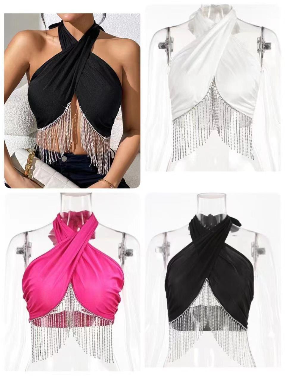 Halterneck Backless Rhinestone Tassel Top