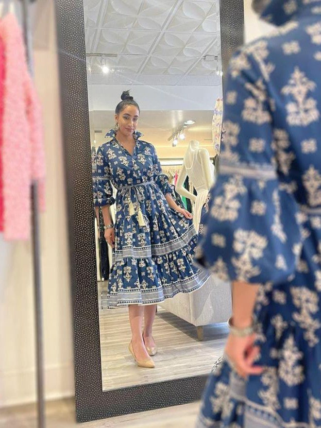 Raya Floral Print Blue Midi Dress with Belt