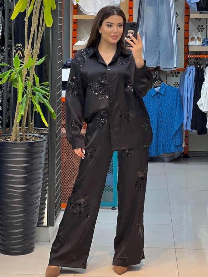 Embroidered Sequin Shirt & Pants Coord Set