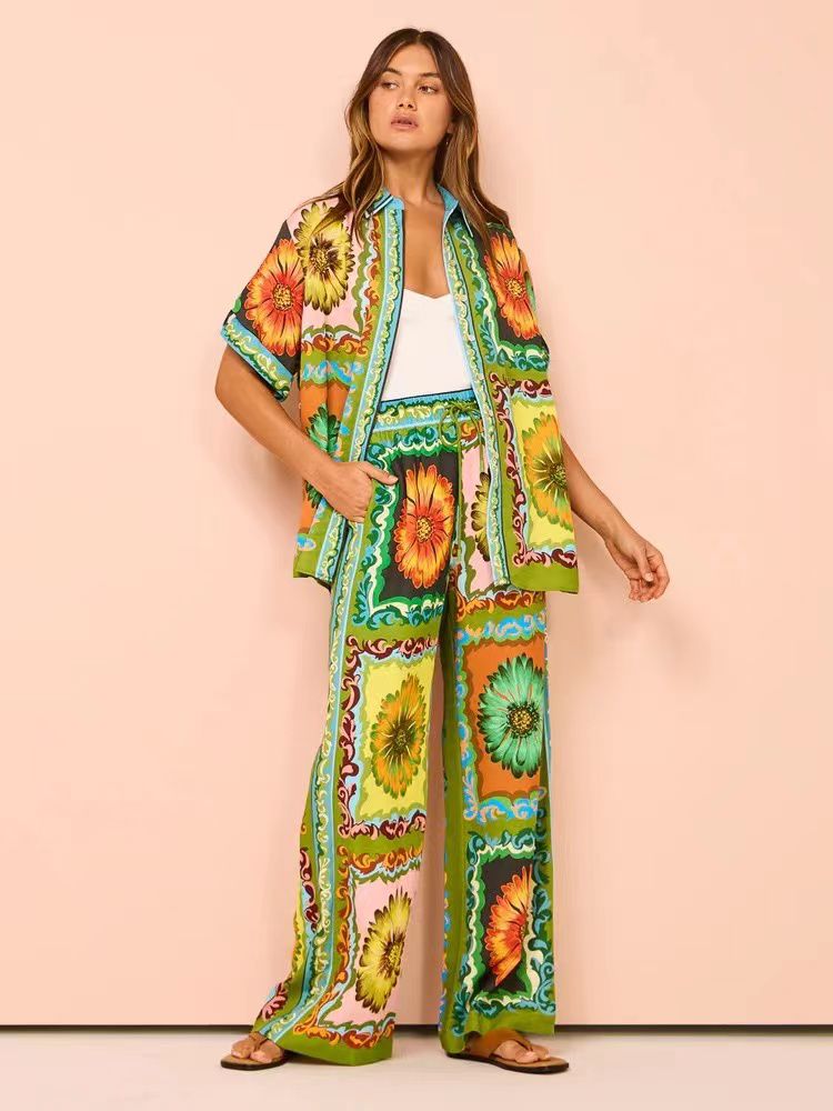 Flower Print Short Sleeve Shirt & Pants Coord Set