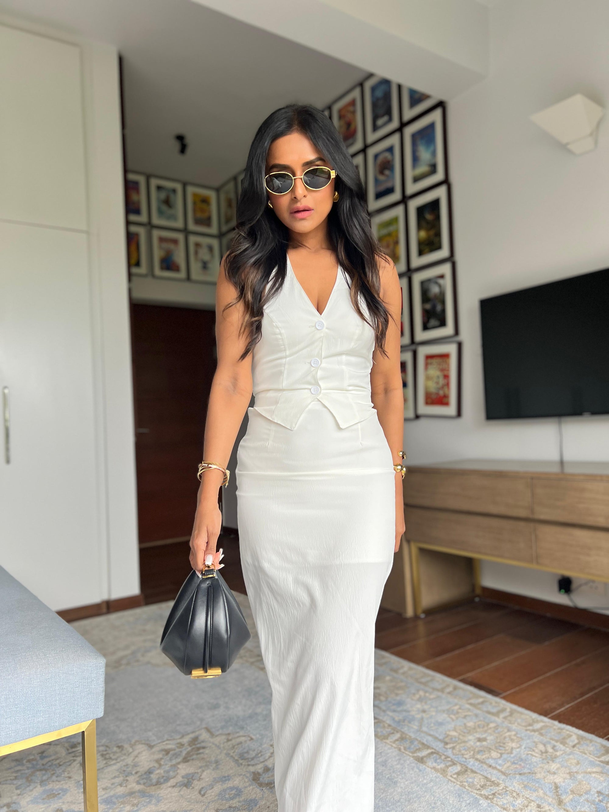 V Neck Halterneck Top & Low Waist Slit Skirt Coord Set