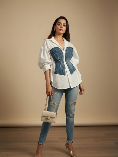 Cotton Shirt with Denim Patch; white top with blue denim panels at front.
